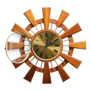 Mid Century Teak Sunburst Wall Clock by Eurostyle