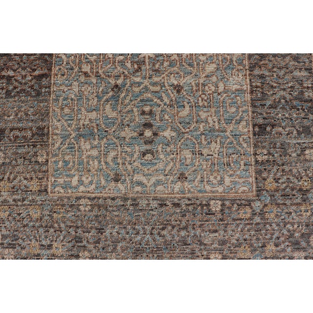 Elegant Modern Ottoman-Style Runner With Intricate Patterns in Blues and Browns 3'5" X 10'7" For Sale - Image 9 of 11