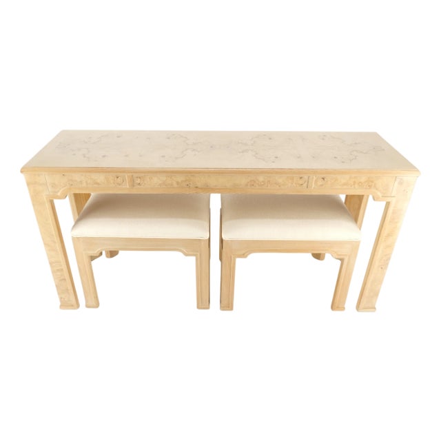 Pair 1970s Nesting Benches Matching Burl Console Sofa Table New Upholstery For Sale