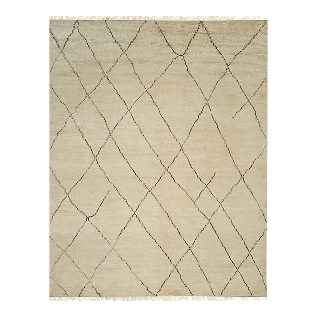 9x12 Jade Trellis Beige Geometric Modern Hand Knotted Wool Carpet Rug For Sale