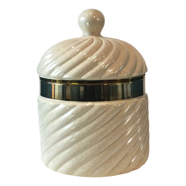 Vintage Ice Bucket in Ceramic and Gilt Brass by Tommaso Barbi, 1970s For Sale
