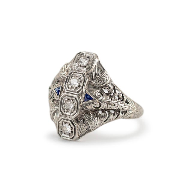 Late 20th Century Late 20th Century Antique Art Deco Filigreed 18k White Gold Four Diamond Sapphire Cocktail Ring, Size 7 For Sale - Image 5 of 7