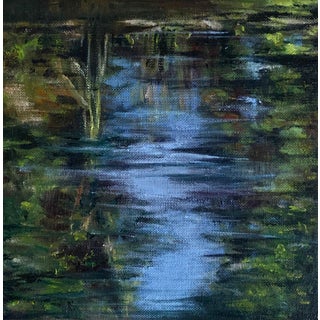 Still Waters I by Elena Degenhardt | Oil on canvas depicting a serene body of water with greenery. For Sale