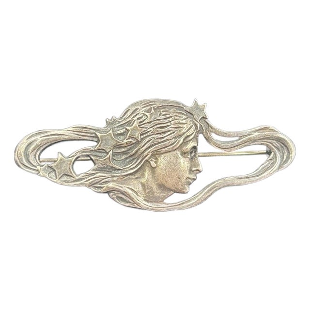 Art Nouveau Sterling Silver Dreamy Lady Stars Brooch Profile Girl Hair 925 For Sale
