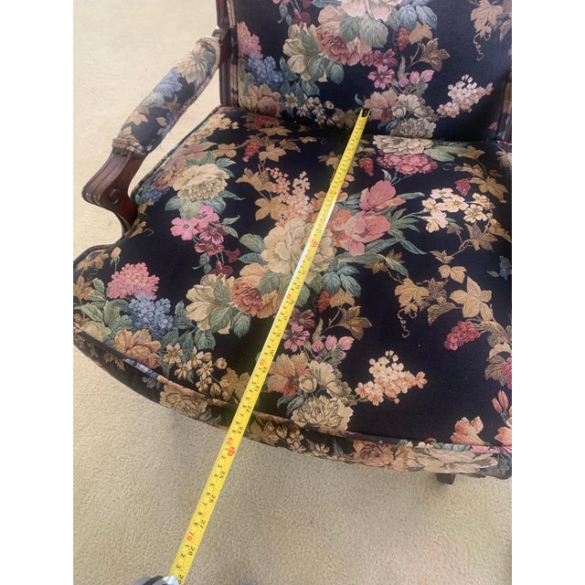 1970s 1970s Matching Upholstered Chairs (2). Hardwood Very Detailed. Black Background, Multicolor Floral Print. For Sale - Image 5 of 8