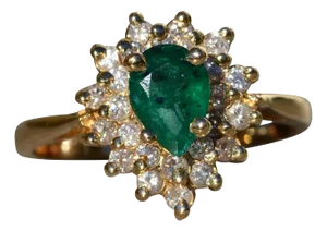 The Sharswood: Ladies 14K Gold Cocktail Ring set with Pear Shaped Zambian Emerald and Diamond Halo