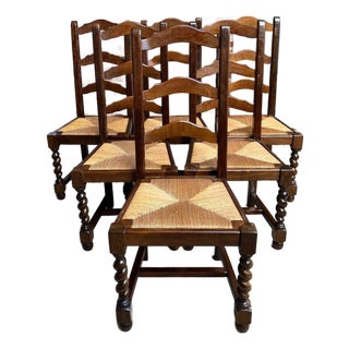 Vintage French Dining Chairs Set 6 Oak Barley Twist Rush Seat Ladder Back For Sale