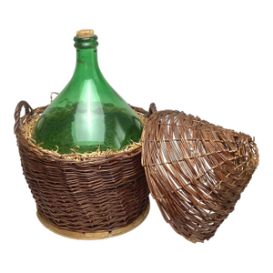 Antique Demijohn Green Glass Bottle in Original Basket