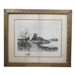 Antique George William Bohde Signed Farmhouse Riverscape Etching 30" For Sale