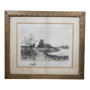 Antique George William Bohde Signed Farmhouse Riverscape Etching 30"