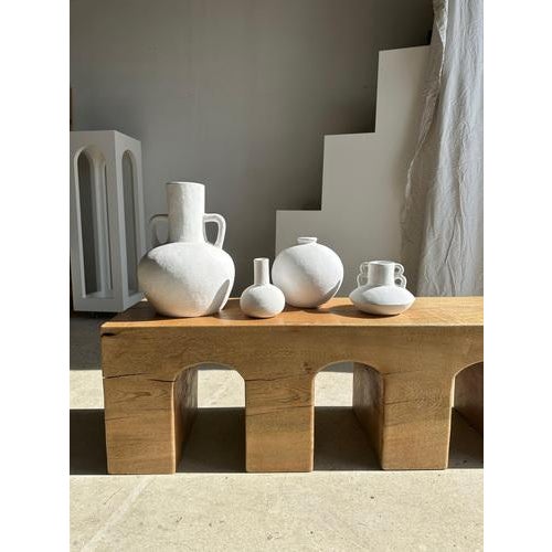 Natural Wood Color Bench in Solid Monoxyl Wood with Carved 3 Arch Base For Sale - Image 4 of 18