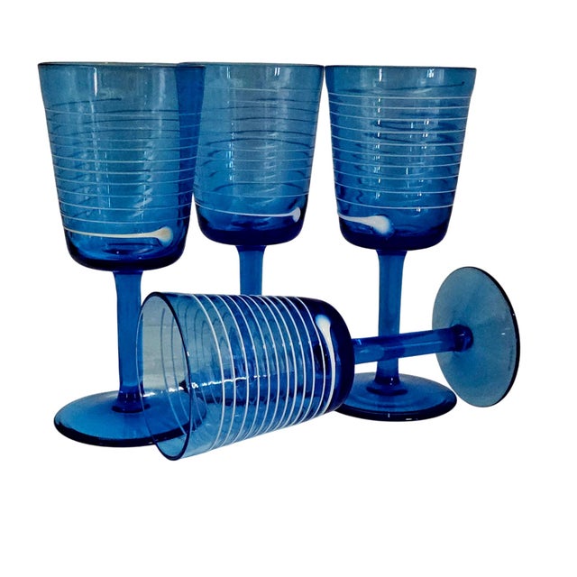 Contemporary Late 20th Century Villeroy & Boch Conga White Swirl Cobalt Crystal Wine Goblets Set of 4 For Sale - Image 3 of 13