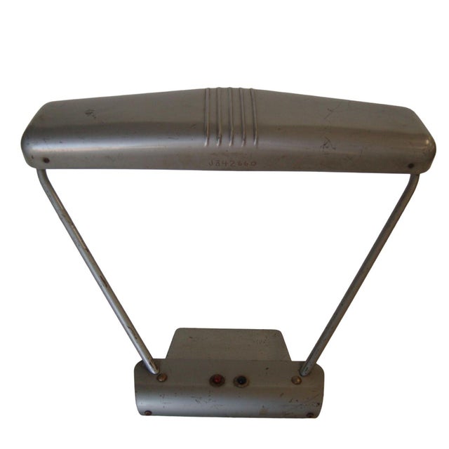 1950s gunmetal grey fluorescent machine age tanker desk lamp with lots of character, perfect on a vintage desk. Push-...