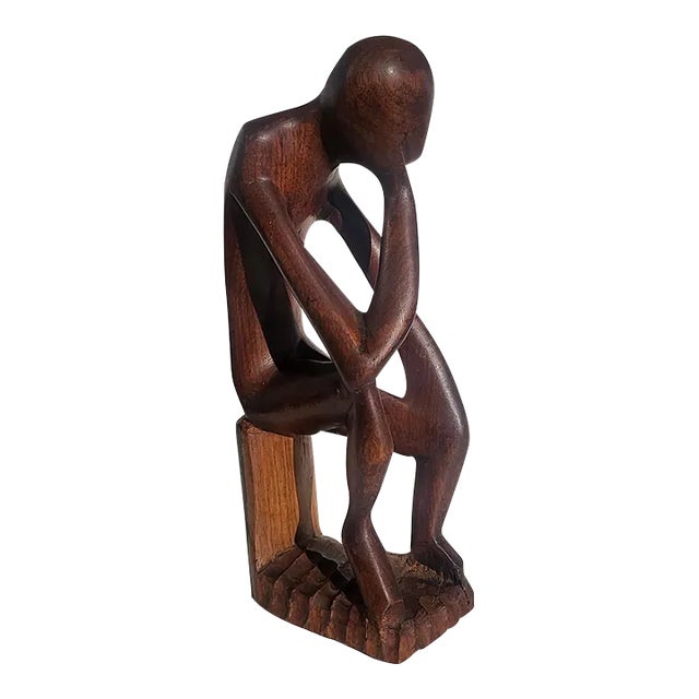 1960s Carved Wood Thinking Man Sculpture For Sale