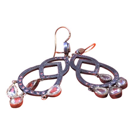 Silver and Gold Earrings with Four Pendants and Applied Zirconias, Set of 2 For Sale