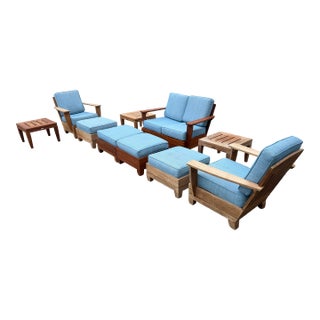 1990s Vintage Brown Jordan "Mission Teak" Deep Seating Patio Set With Blue Cushions - 10 Pieces For Sale