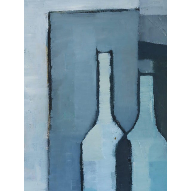 Mid-Century Modern 'Bottles in Blue Geometry' Vintage Swedish Cubist Still Life Oil Painting, Framed For Sale - Image 9 of 13