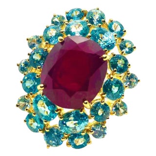 Bochic "Orient" Vintage Natural Ruby & Blue Topaz Ring Set In 18K Gold & Silver, Size 7 For Sale
