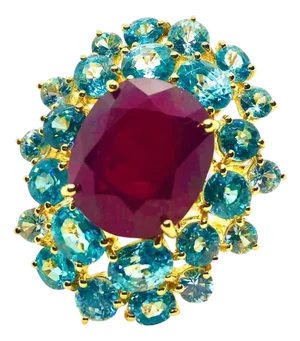 Bochic "Orient" Vintage Natural Ruby & Blue Topaz Ring Set In 18K Gold & Silver, Size 7