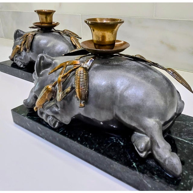 Vintage Petites Choses Pewter Sleeping Pig Candle Holders on Green Marble – Pair, Usa For Sale - Image 11 of 15
