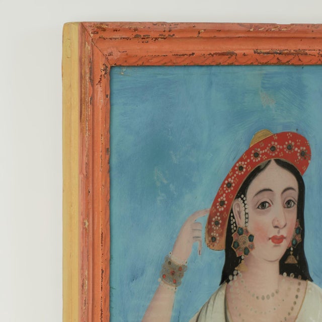 Antique Indian Reverse Painted Portrait of Woman on Glass For Sale - Image 10 of 12