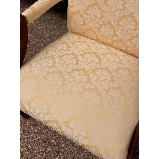 Light Yellow Traditional Pale Buttercream Yellow Damask Carved Mahogany Martha Washington Library Living Room Chairs, a Pair For Sale - Image 8 of 12