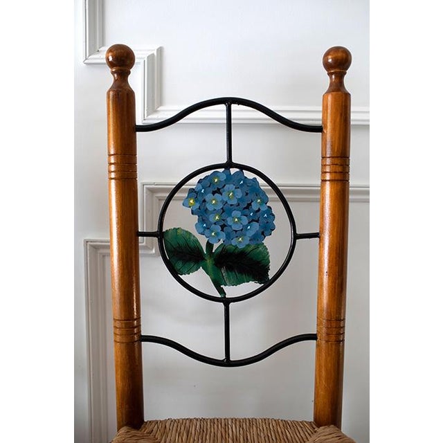 Vintage Hand Painted Folk Art Dining Chairs With Woven Rush Seats - Set of 5 For Sale - Image 4 of 13