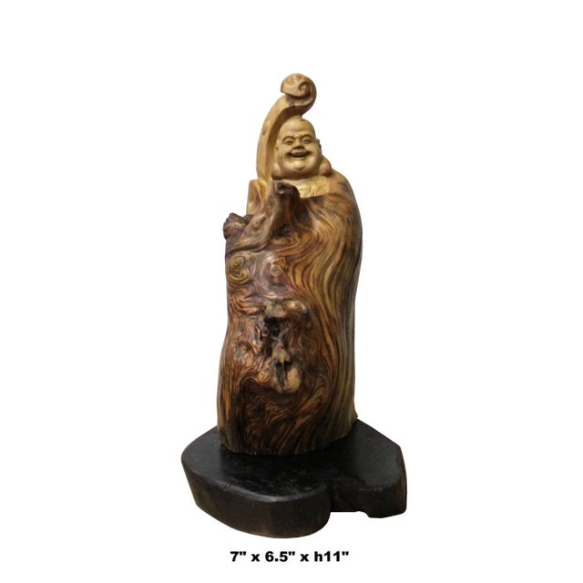 This is a handmade Chinese accent decorative statue of Happy Buddha from natural raw wood with an irregular shape....