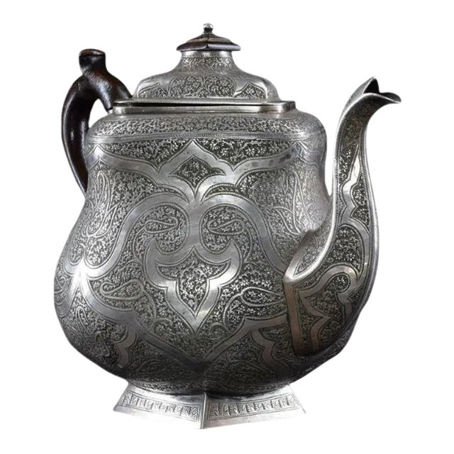 Large 1950s Engraved Sterling Silver Teapot With Wood Handle, 766 G For Sale