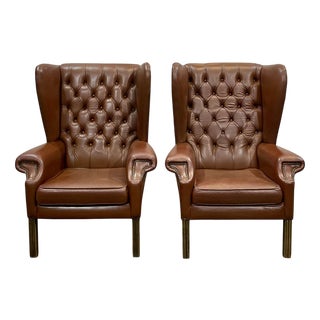 Chesterfield Wingback Armchairs in Brown Leather, 1970s, Set of 2 For Sale