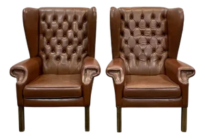 Chesterfield Wingback Armchairs in Brown Leather, 1970s, Set of 2