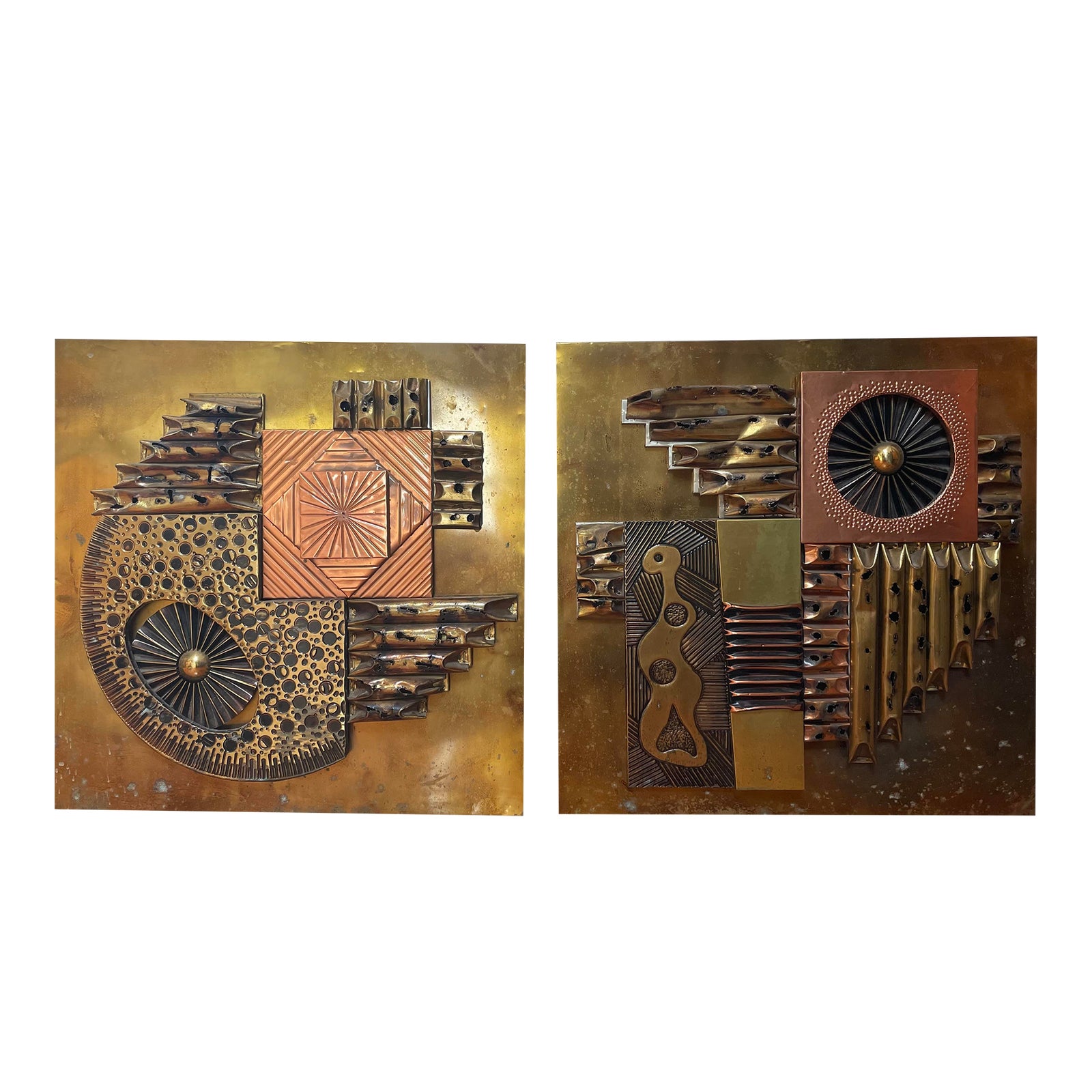 1970s Brutalist Stephen Chun Metal Wall Art Sculptures - a Pair | Chairish