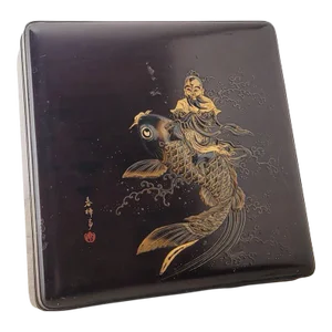 Japanese Signed Lacquered Box With Carp and Deity, Circa 1880 Was $995