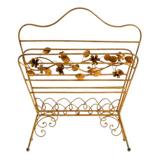 Mid-Century Modern Newspaper and Magazine Rack with Gilded Metal Frame, 1950s For Sale