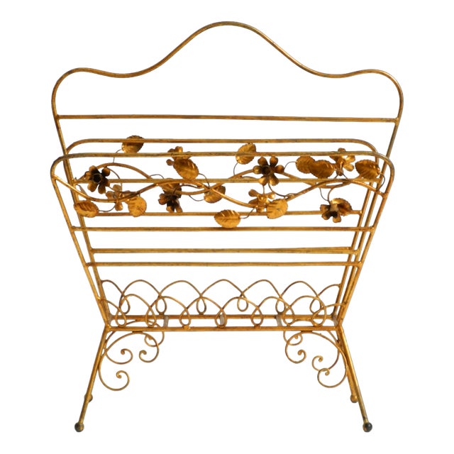Mid-Century Modern Newspaper and Magazine Rack with Gilded Metal Frame, 1950s For Sale