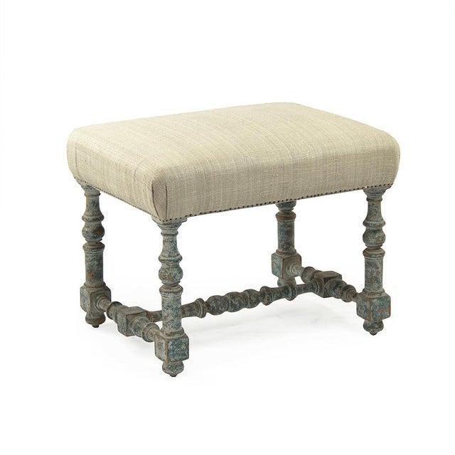 Giselle Olive Stool - Natural Linen / Distressed Teal-Gray Painted Frame For Sale - Image 4 of 4
