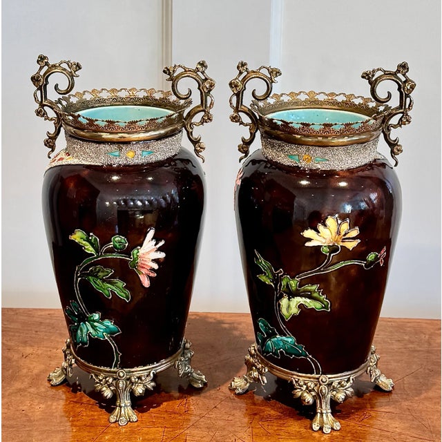 Edouard Gilles French Ceramic Vases, Pair, Circa 1880 For Sale - Image 4 of 13