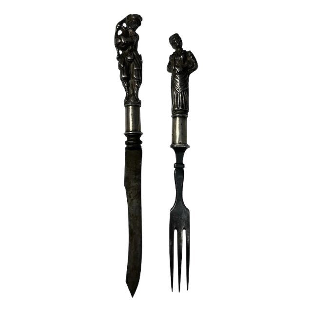 17th Century Dutch Solid Silver Figural Knife & Fork Set For Sale