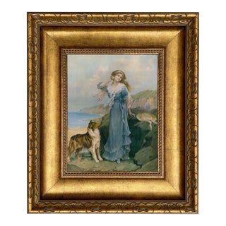 "By the Seaside" Victorian Woman and Collie Print on Canvas, Framed to 14" X 16" For Sale
