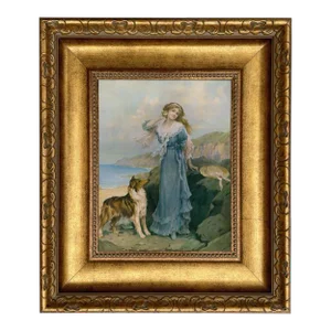 "By the Seaside" Victorian Woman and Collie Print on Canvas, Framed to 14" X 16"