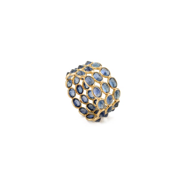 Metal 9.54 Ct Natural Blue Sapphire Triple Row Wide Band Ring Size 5.5 in 14k Gold For Sale - Image 7 of 15