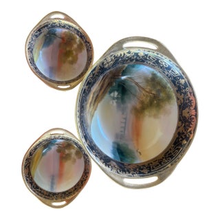 Antique Hand Painted Nippon 3-Piece Serving Set Cobalt Blue Heavy Gold Scenic Landscape M in Wreath Morimura 1910-1921 Châteaucore Grandmillennial For Sale