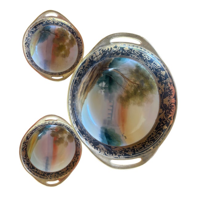 Antique Hand Painted Nippon 3-Piece Serving Set Cobalt Blue Heavy Gold Scenic Landscape M in Wreath Morimura 1910-1921 Châteaucore Grandmillennial For Sale