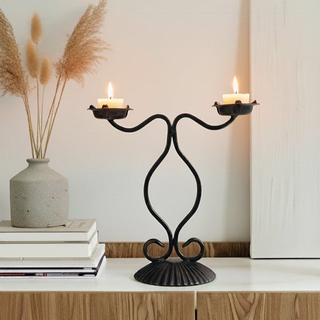 Metal Libby Candlestick | Handcrafted Dual-Arm Metal Candle Holder for Elegant Decor For Sale - Image 7 of 7