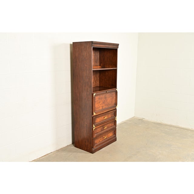 Henredon Henredon Style Mid-Century Modern Hollywood Regency Campaign Burled Walnut Bookcase With Drop Front Secretary Desk, Circa 1970s For Sale - Image 4 of 15