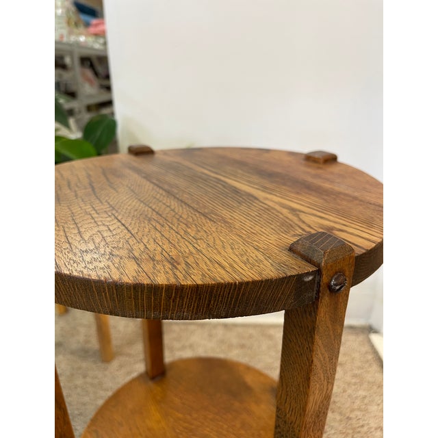 Wood Likely Antique Mission Style Quarter Sawn Wooden Two-Tier Plant Stand or Side Table With Pegged Joints For Sale - Image 7 of 11