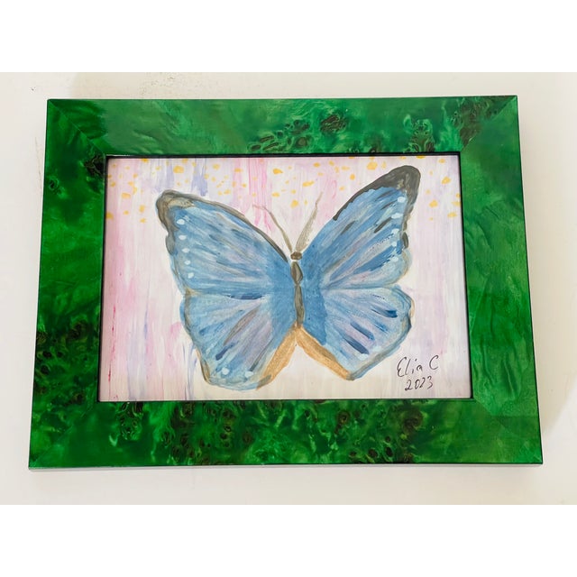 Original acrylic on paper abstract butterfly painting in faux malachite frame.