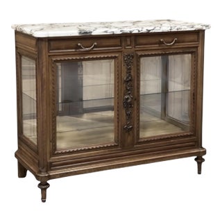 19th Century French Louis XVI Walnut Buffet With Marble Top & Hand Beveled Glass For Sale