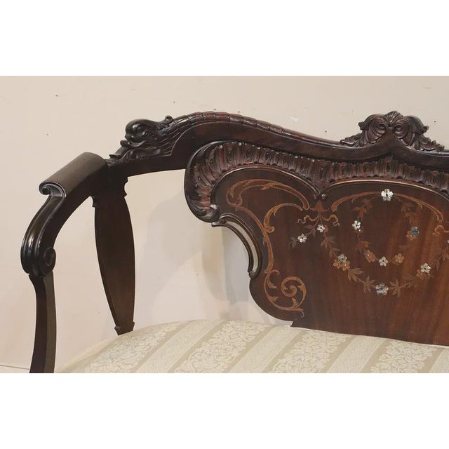 Antique French Style Mahogany Love Seat With Satinwood Inlay Mother of Pearl For Sale - Image 4 of 5