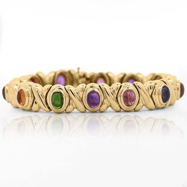 1990s 1990s 18k Gold Multi Color Gemstone Vintage Estate X Bezel Bracelet For Sale - Image 5 of 8
